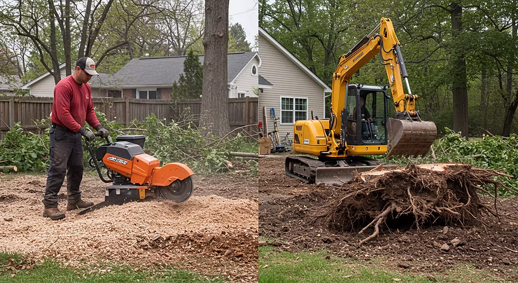 Side-by-side comparison showing lightweight stump grinding machine on left versus heavy excavation equipment on right, demonstrating equipment differences between grinding and removal methods.